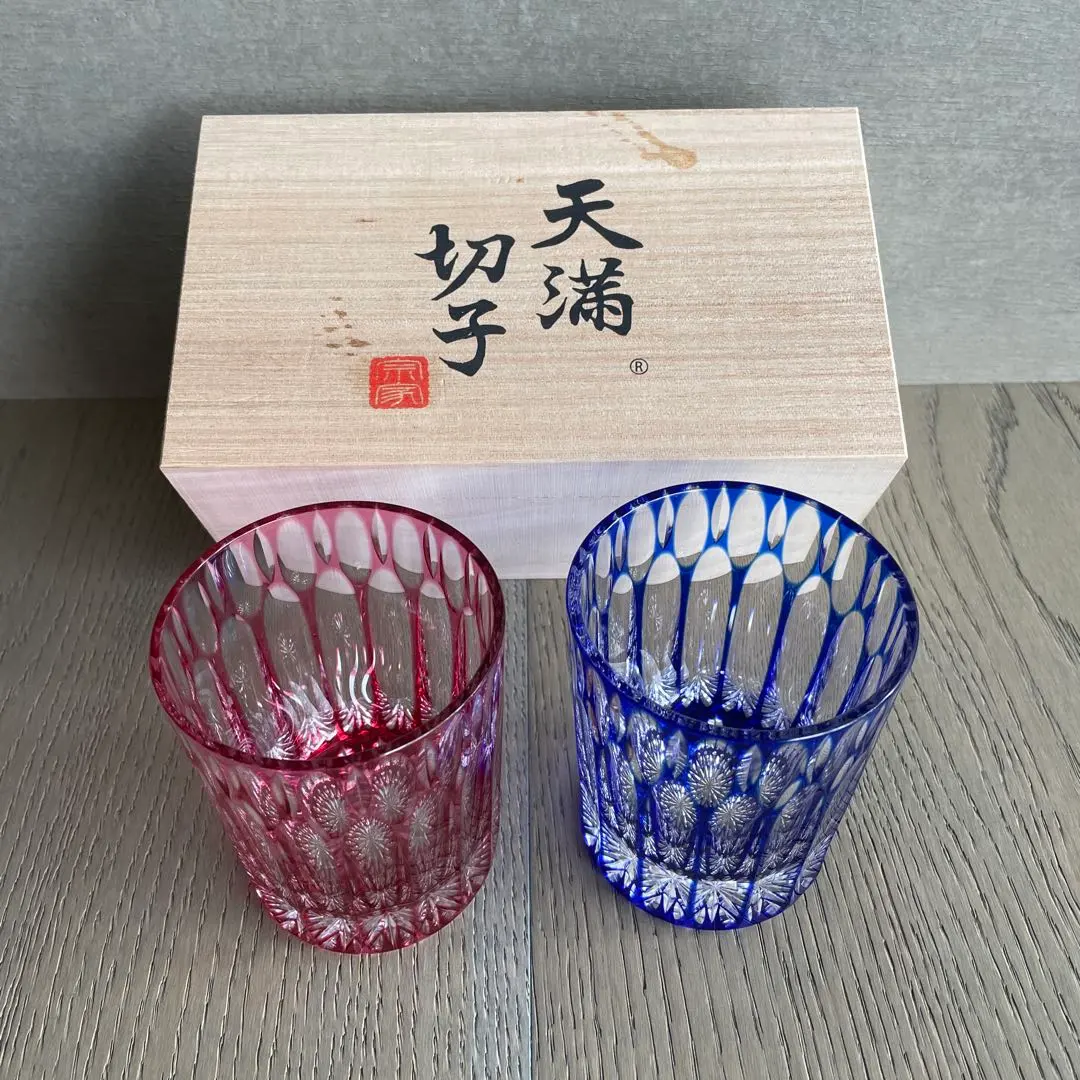 Thumbnail of Tenma Kiriko Red and Blue Glass with Wooden Box