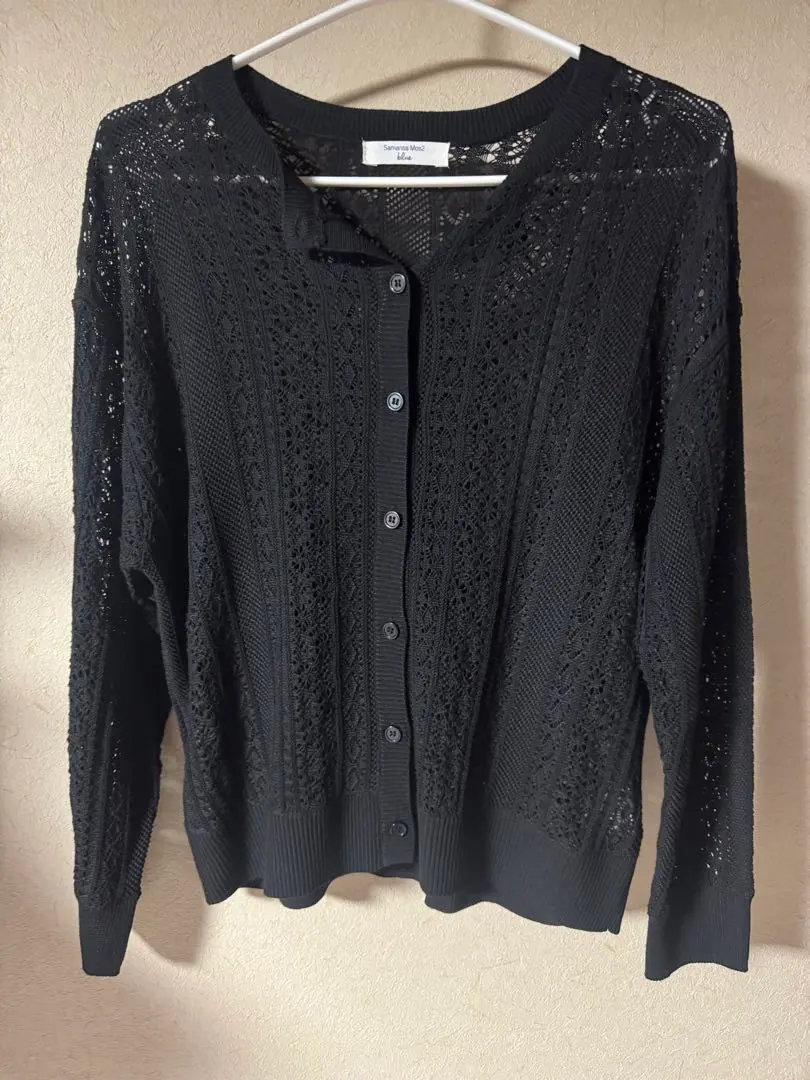 蕾絲編織 黑色 長袖開襟衫 的縮圖