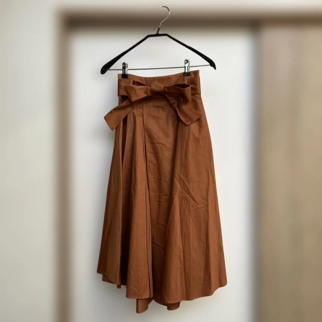 Thumbnail of S Brown Flare Long Skirt with Ribbon, New