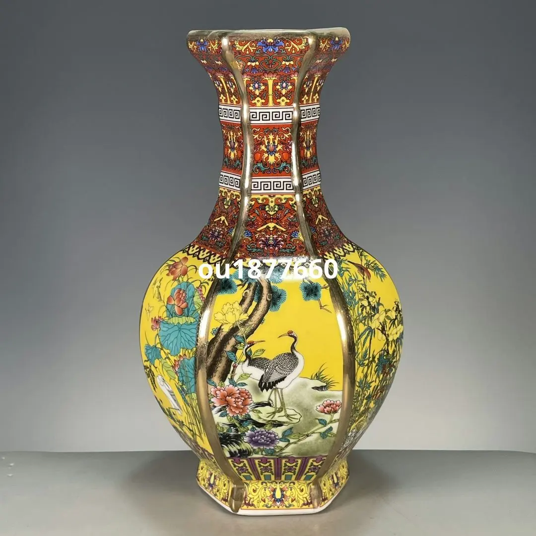 Thumbnail of Langcai Yellow Ground Windowed Four Seasons Flowers, Birds, and Cranes Hexagonal Vase, Jingdezhen Ceramics, Decorative Item, Contemporary Craft, Art Object, Ornament