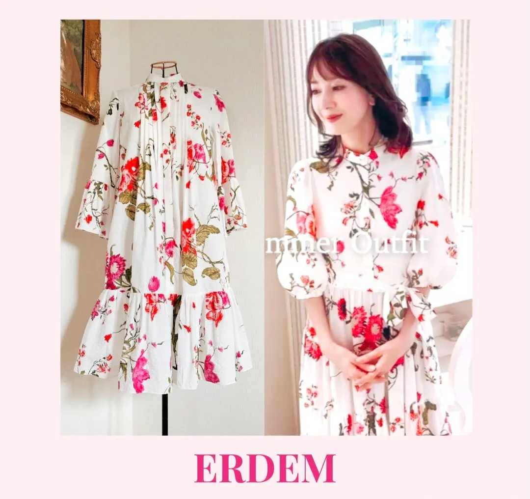 【美品】アーデム　ERDEM 花柄ストライプ膝丈ドレス 美品】アーデム ERDEM 花柄ストライプ膝丈ドレス