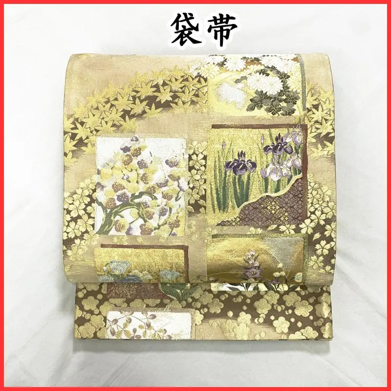 Thumbnail of 408my64☆Fukuro Obi (Japanese formal obi) with gold and silver threads: Chrysanthemum, Iris, Plum, Bellflower, Maple, Cherry Blossom ☆Beautiful Condition