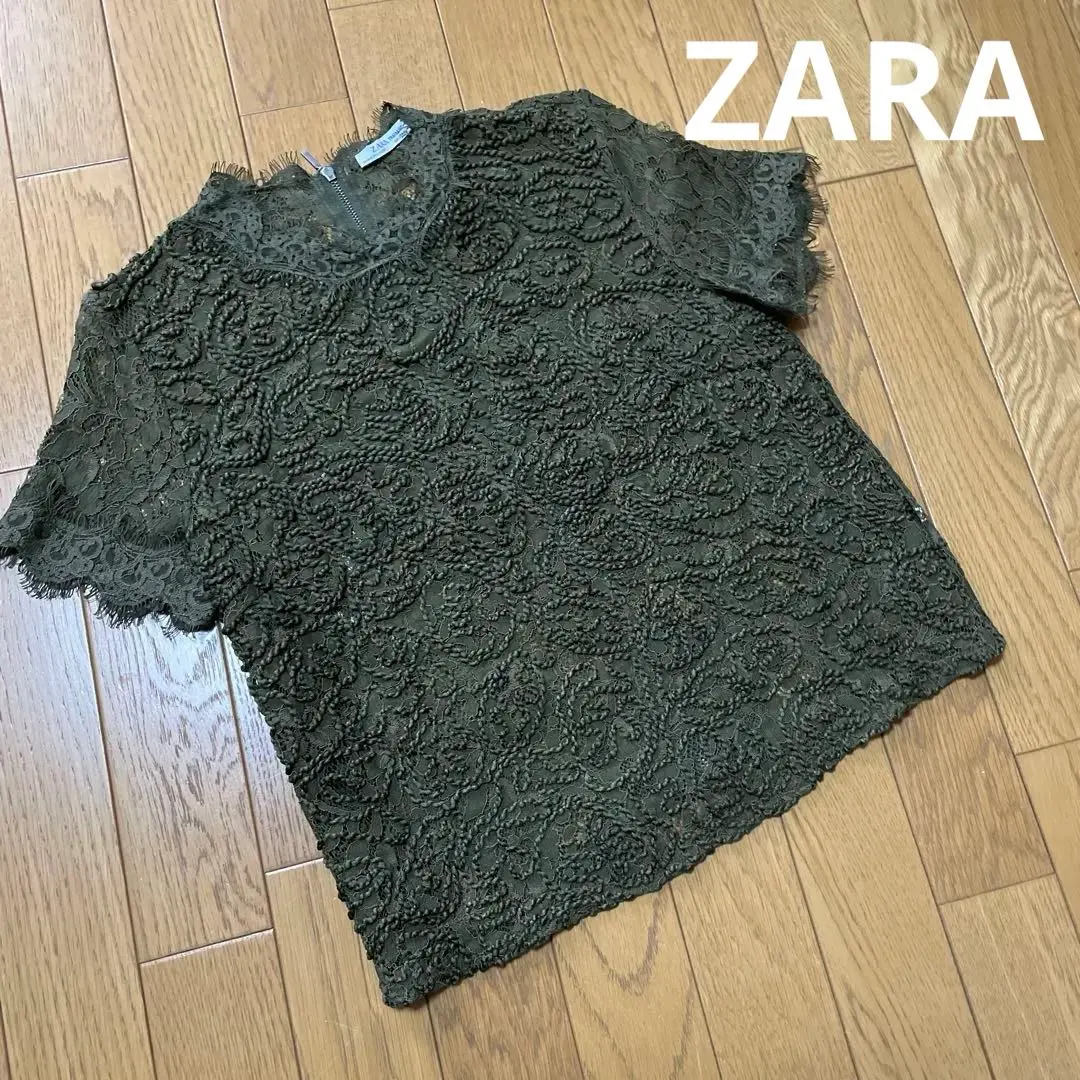 Thumbnail of ZARA Short Sleeve Lace Top M Olive Zara Uniqlo Rope Picnic N. Anatelier