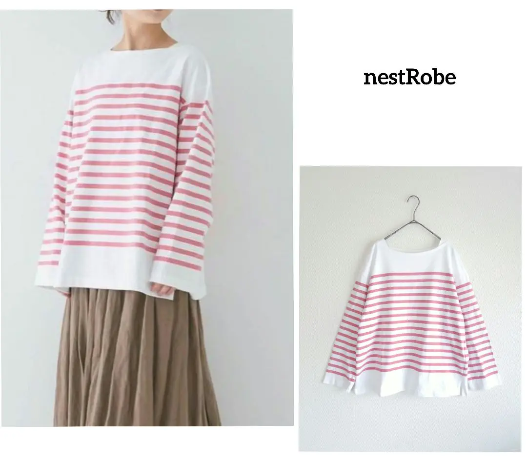 【新品】ネストローブ　コットンフレンチストライプロングスリーブTシャツ　ボーダー 2025年最新】nest Robe 柄・デザイン：ボーダー レディース 長袖