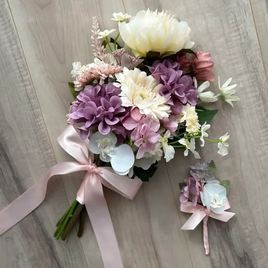 Thumbnail of Wedding bouquet, clutch bouquet, boutonniere set, artificial flowers, pink, purple