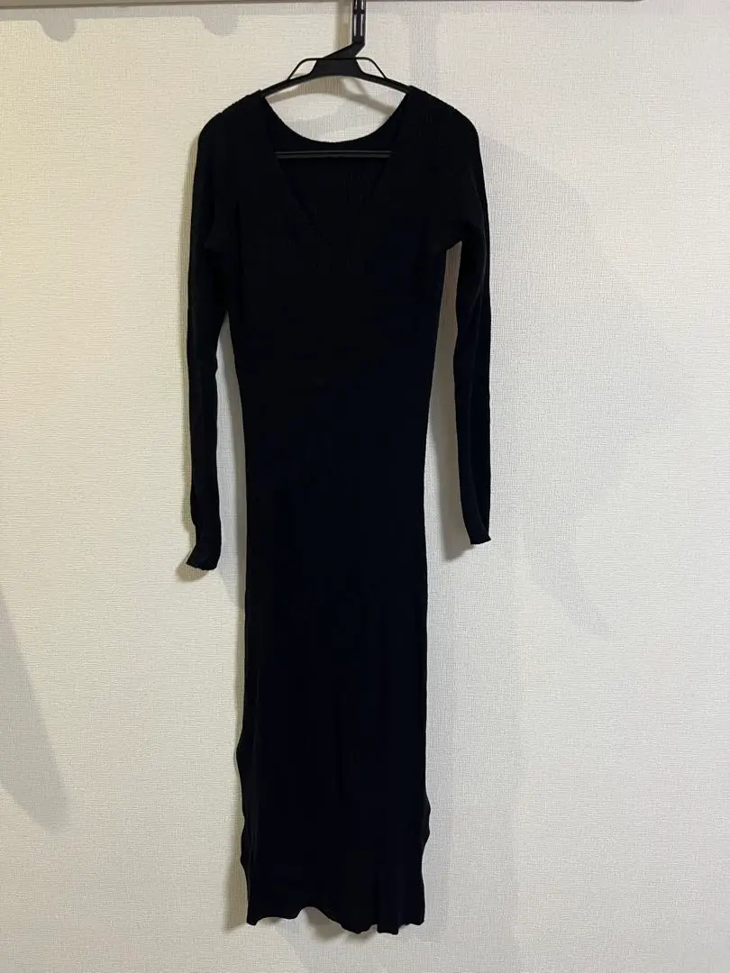 Thumbnail of GRL Black Knit Long Dress V-neck Long Sleeve Side Slit