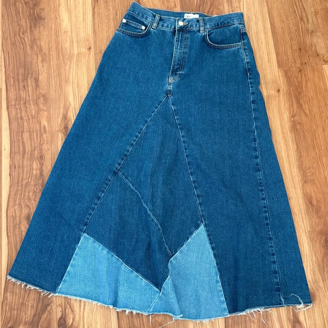Thumbnail of ZARA Denim Flare Long Skirt Patchwork Size L