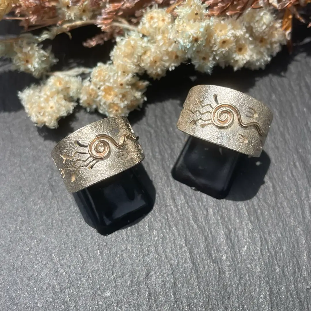 三日月貴重ズニMyron Panteah作シルバー&ゴールド リング14k ズニ Myron・Panteah マイロン・パンティア シルバー&14K