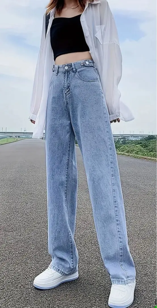 Thumbnail of Perfect for Summer! Korean Style High-Waisted Straight Denim Jeans, Light Blue