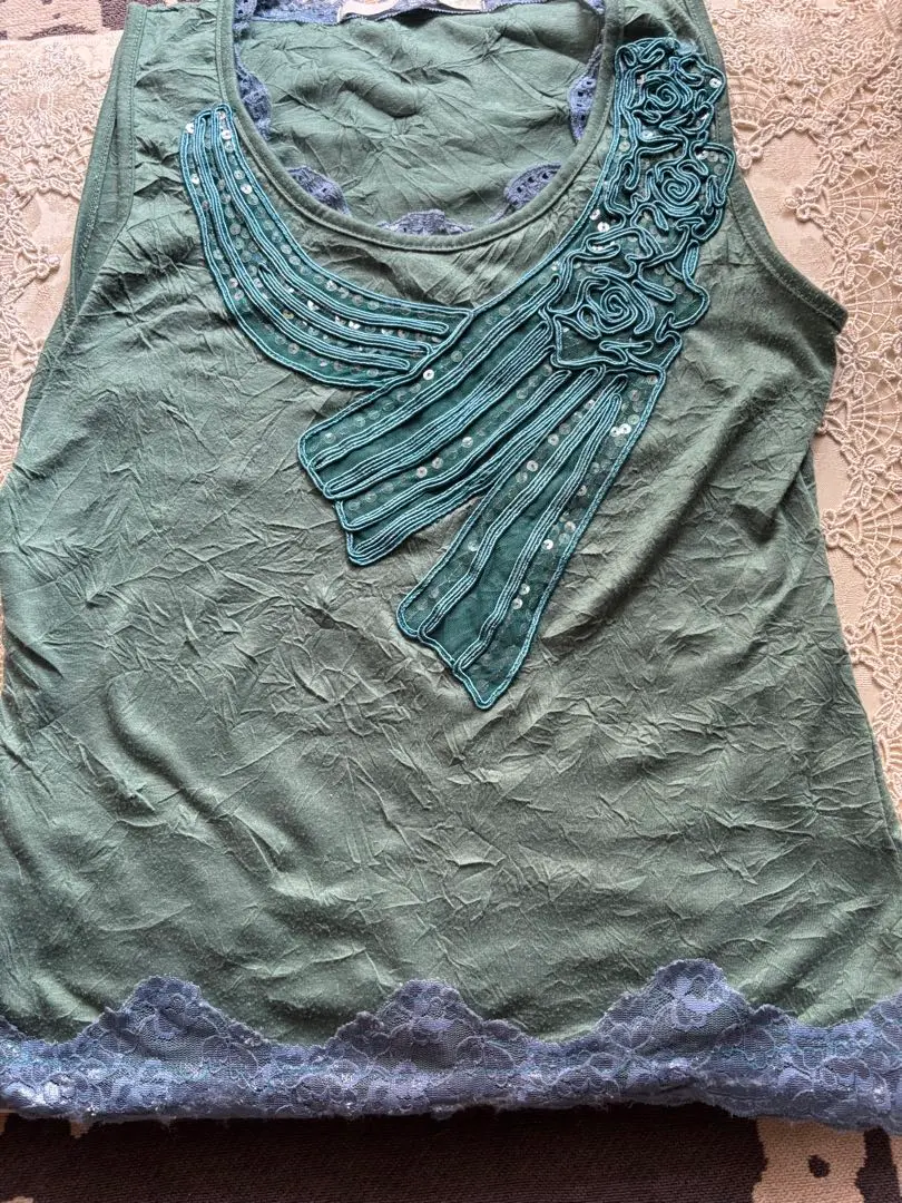Thumbnail of ACUTA Olive Green Tank Top with Floral Embroidery