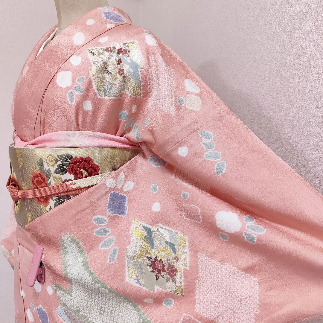 ❰6385❱ 全套 訪問服 絞染 松皮菱 刺繡 袋帶 帶締 帶揚 正絹和服 的縮圖