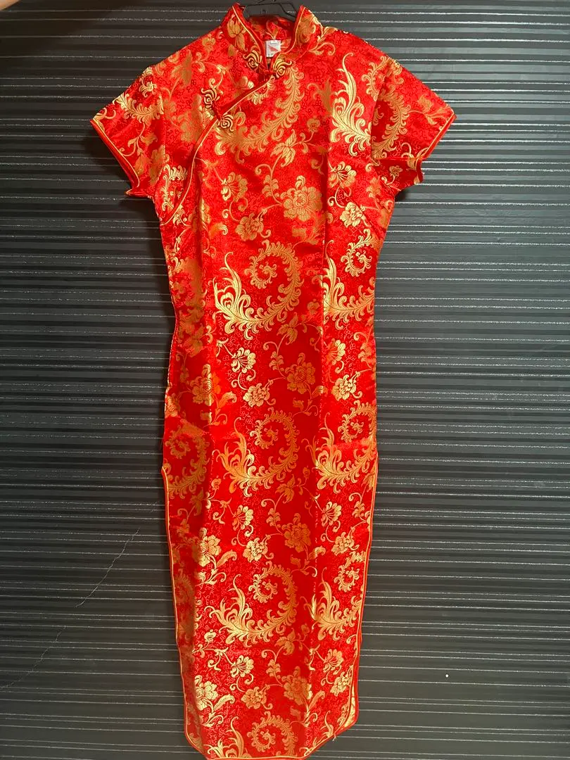 Thumbnail of Red floral print cheongsam dress, short sleeves