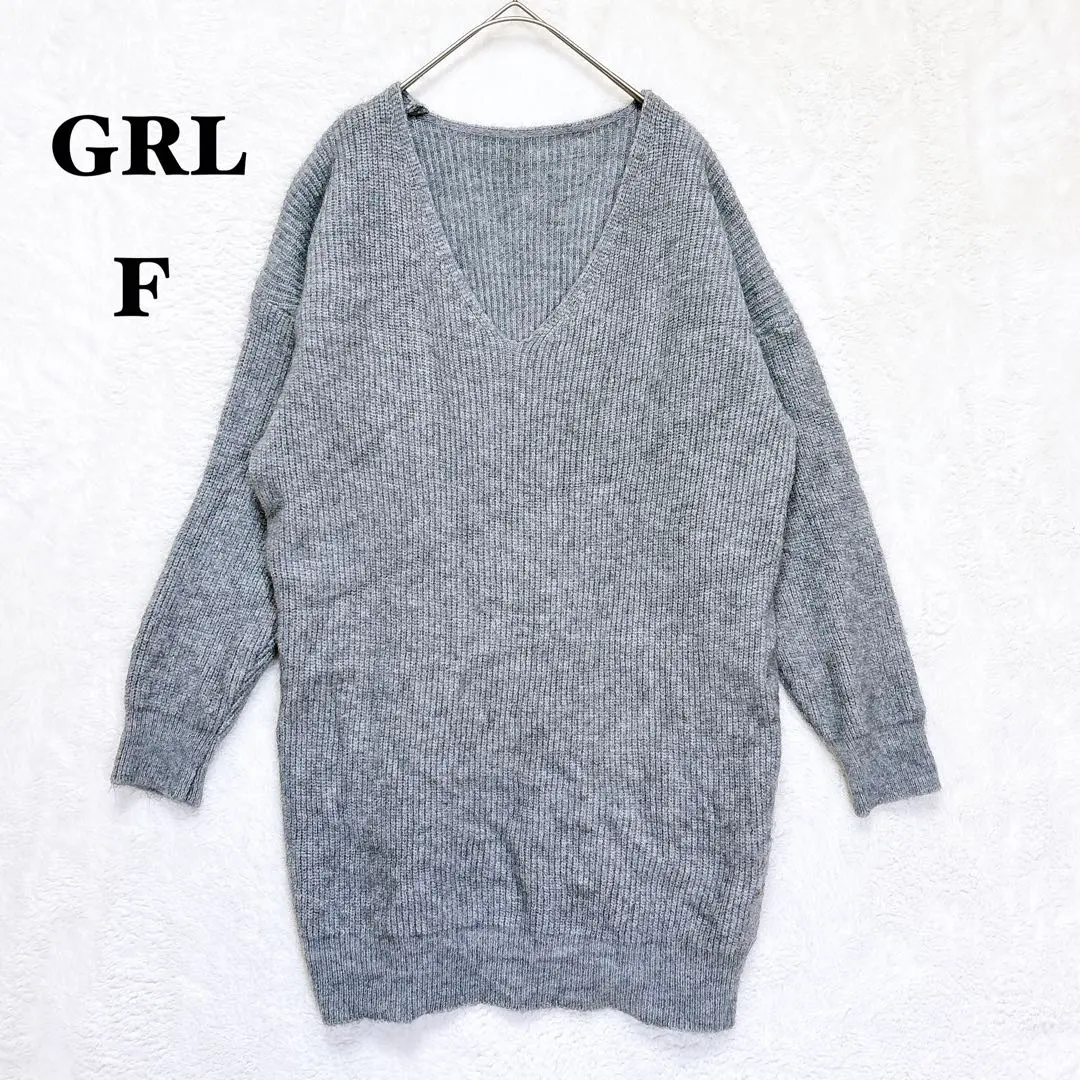 Thumbnail of GRL Mini Dress V-neck Rib Knit F Gray Long Sleeve Cut and Sew