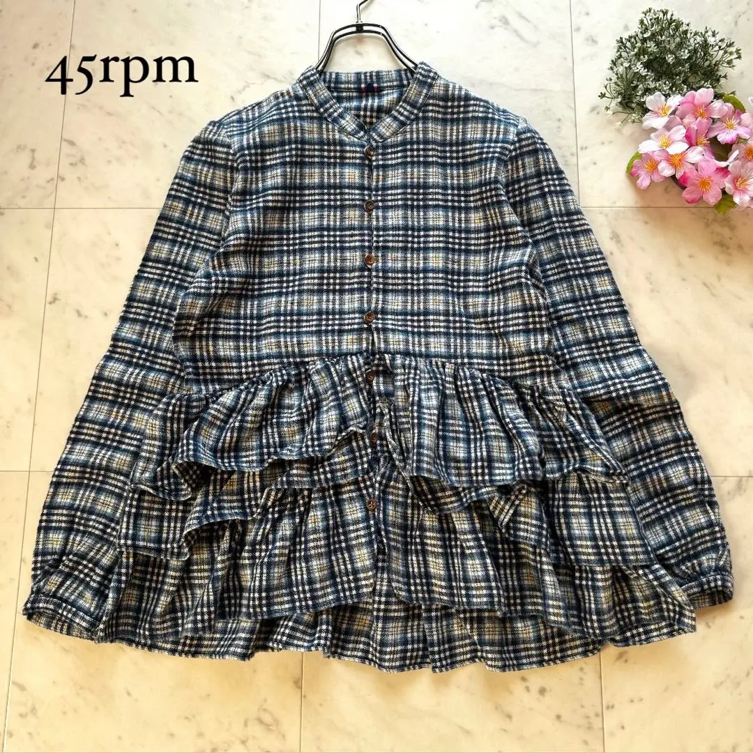 美品 45R 45rpm タータンチェックワンピース 五分袖 コットン 美品 45R 45rpm タータンチェックワンピース 五分袖 コットン