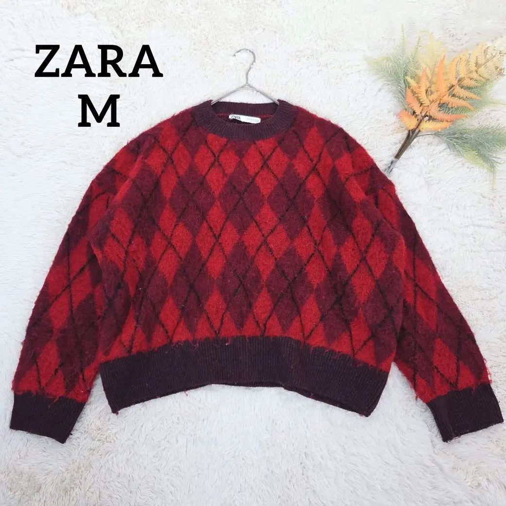 Thumbnail of Zara Women's Knit (M) Red Check Pattern Wool Blend Crew Neck Pullover