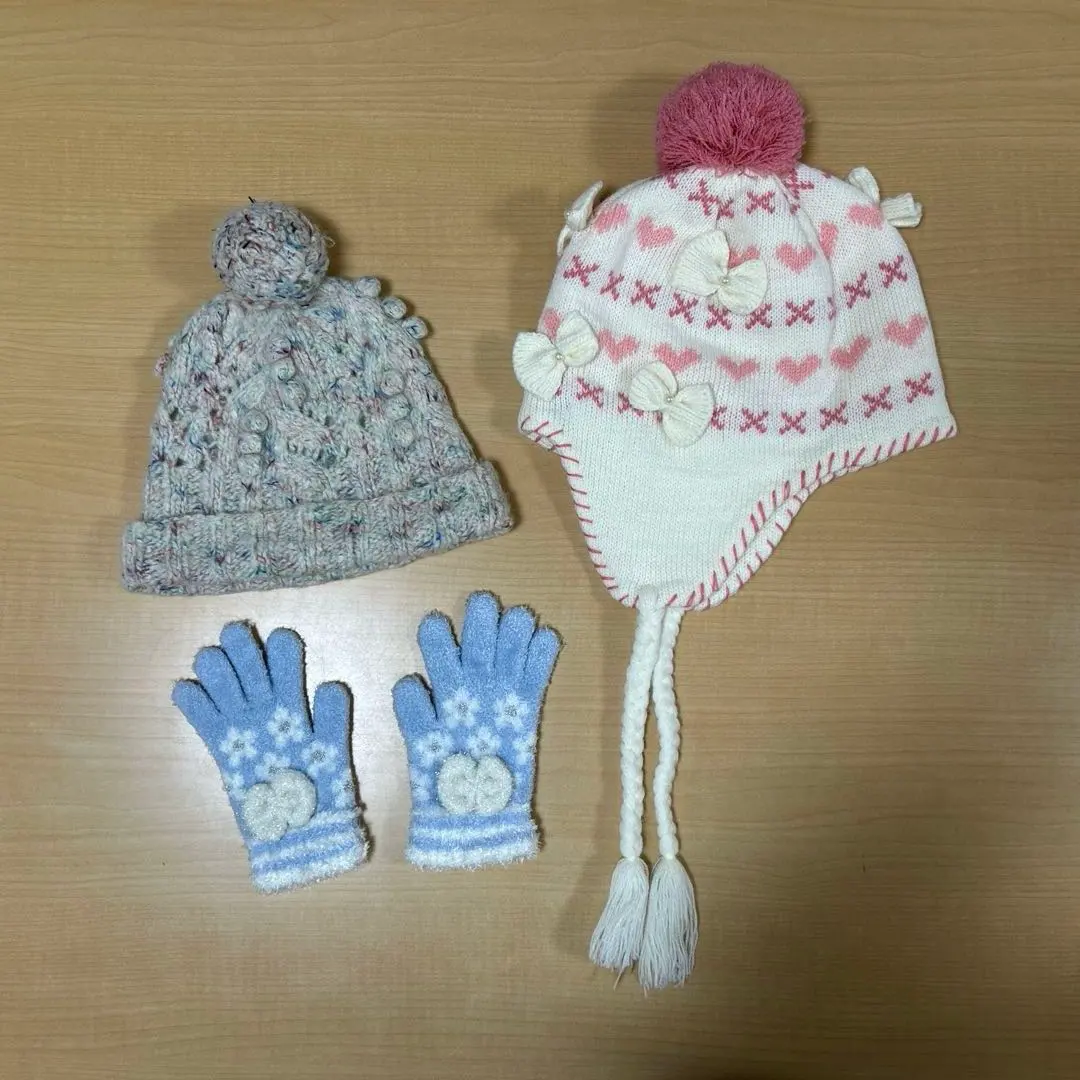 Thumbnail of Two knit hats and a set of gloves, kids, girls