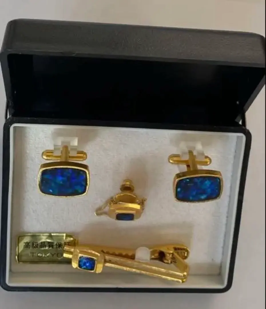 Thumbnail of Excellent Condition: Gold and Blue Stone Cufflinks and Tie Clip Set