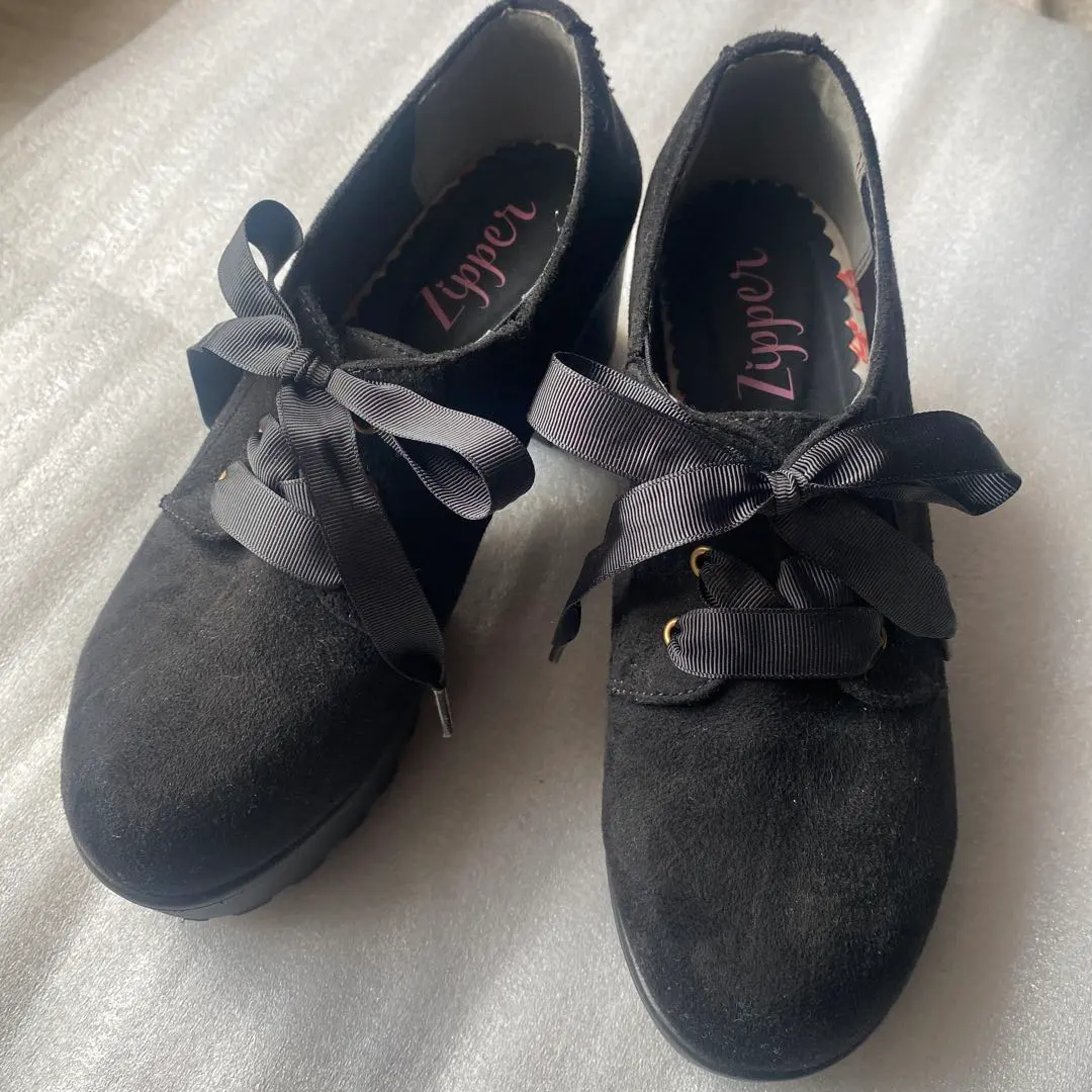 Thumbnail of Black suede platform shoes with ribbons