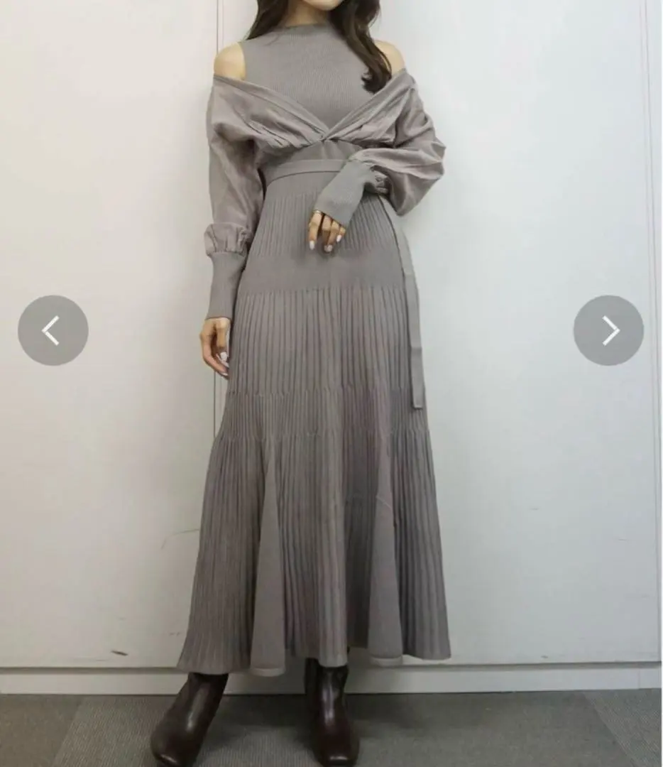 Thumbnail of MERCURYDUO Different Material Docking Flare Long Sleeve Knit Dress