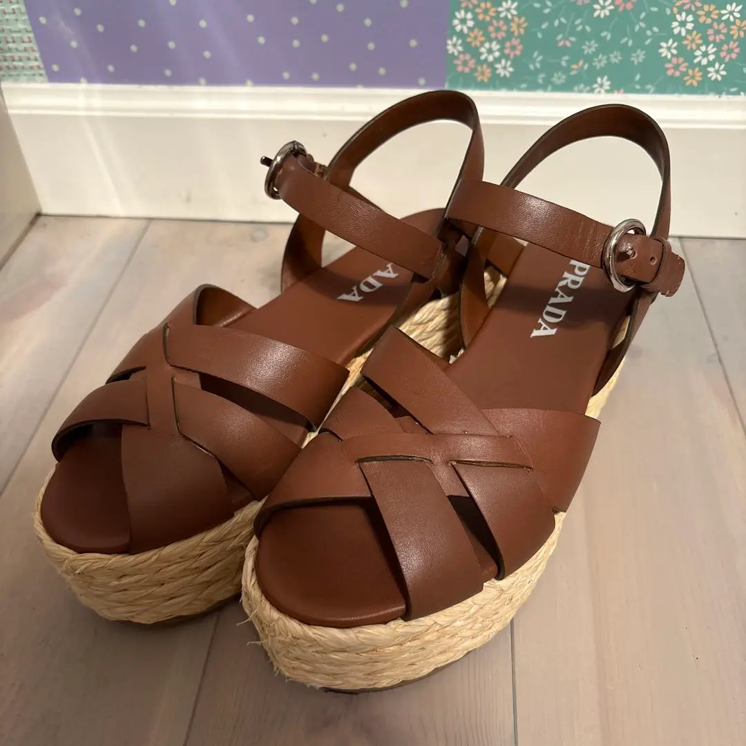 箱証明書付き✨定価17万　PRADA プラダ　ラフィアウェッジサンダル　23cm PRADA プラダ ラフィア ウェッジサンダル フラットソール 37