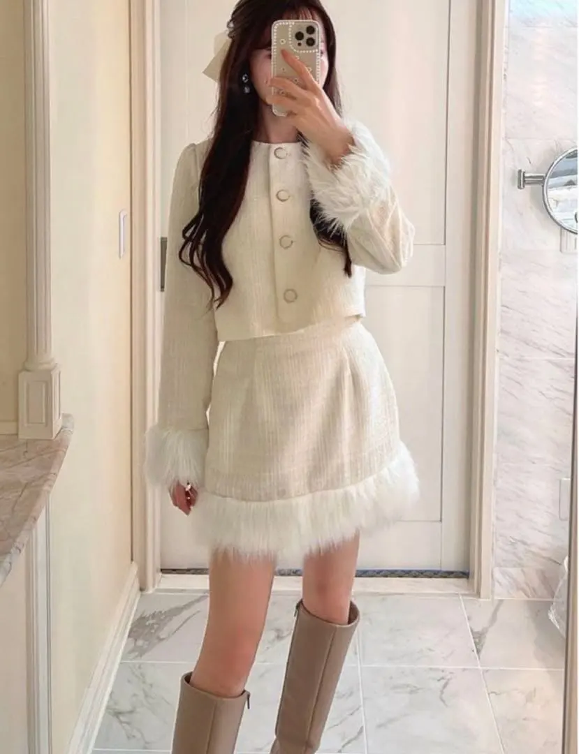 Thumbnail of Tweed Fur Jacket & Mini Skirt Set [dk1298] Ivory