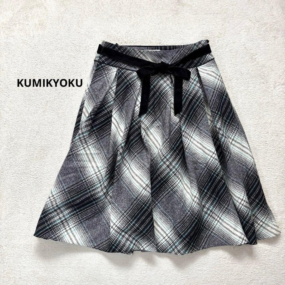 Thumbnail of 【Kumikyoku】M Knee-length Flare Skirt with Waist Ribbon, Checkered Pattern
