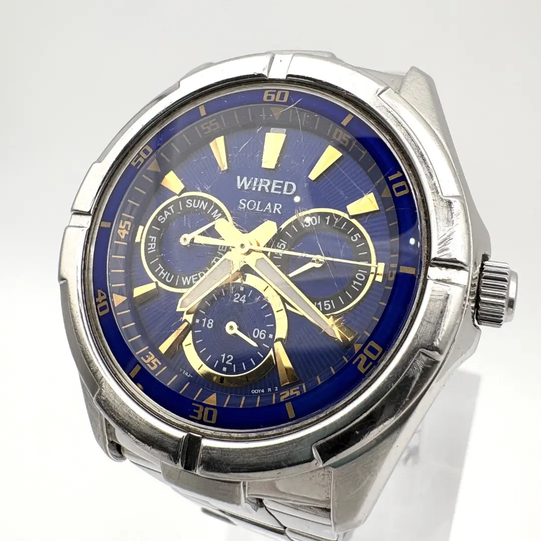 【稼働品】WIRED　クロノグラフ　ソーラー腕時計　V14J-0BV1　ブルー Yahoo!オークション -「v14j-0bv1」の落札相場・落札価格