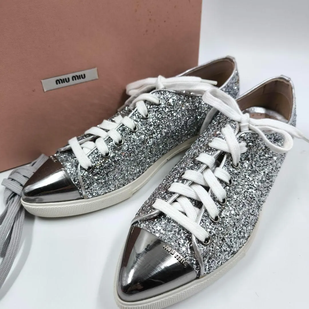 Thumbnail of Unused, stored item: Miu Miu sneakers, size 24.5, metal toe, lame glitter