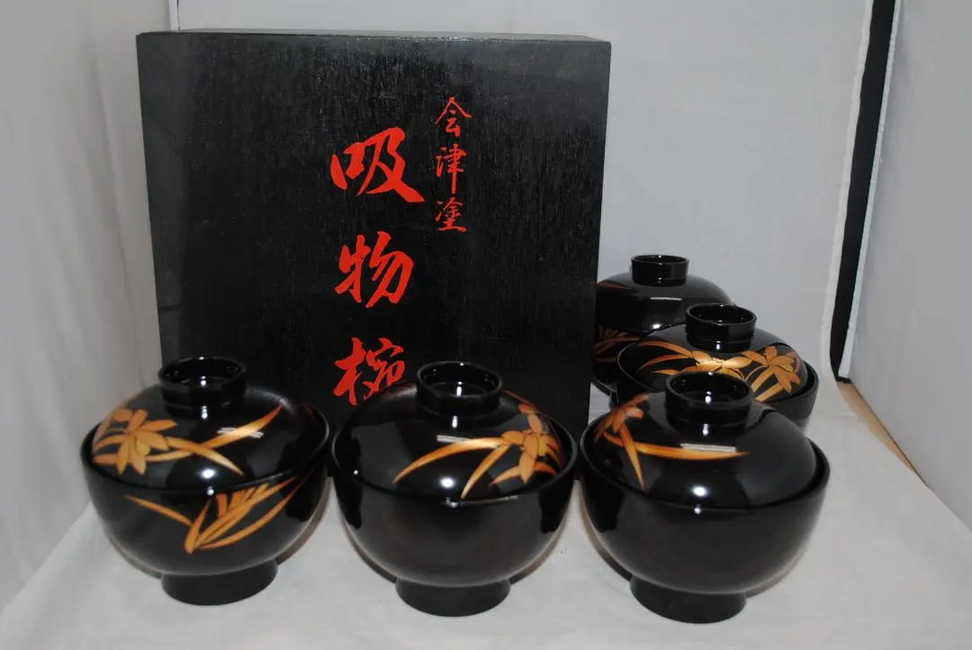 Thumbnail of [1579] Aizu-nuri Soup Bowls, Set of 5, Floral Pattern, Black ①