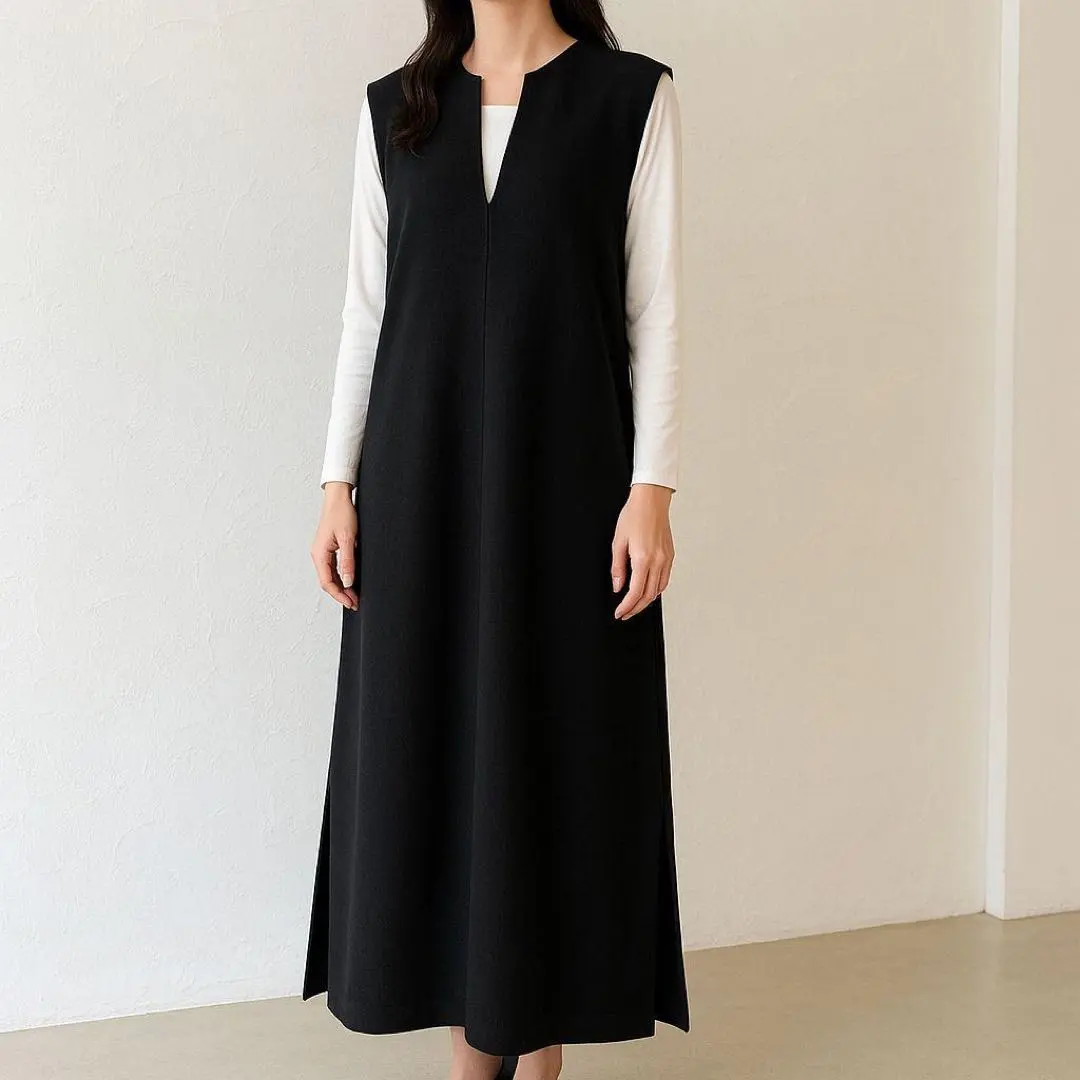 Thumbnail of SELECT MOCA - Beautiful Black Key Neck Long Vest Dress, V-Neck
