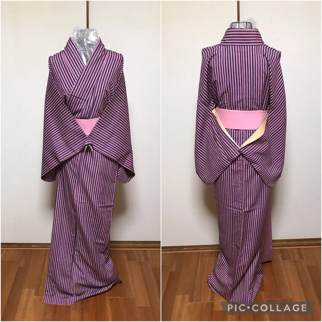 Thumbnail of Antique!! Peach, navy, and white vertical striped kimono (lined)