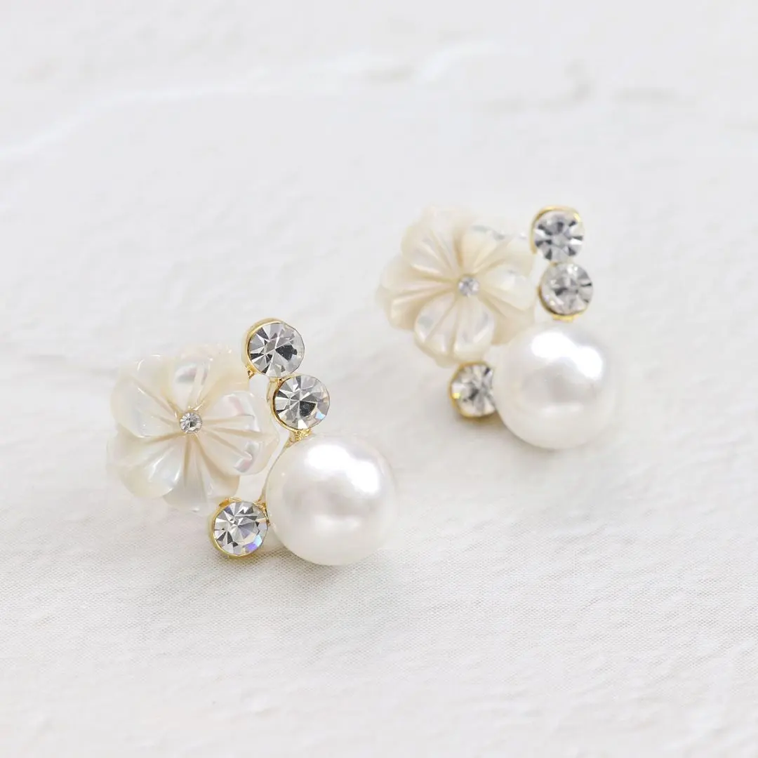 Thumbnail of New: Cute flower and sparkling pearl earrings, titanium posts, SLSP-006