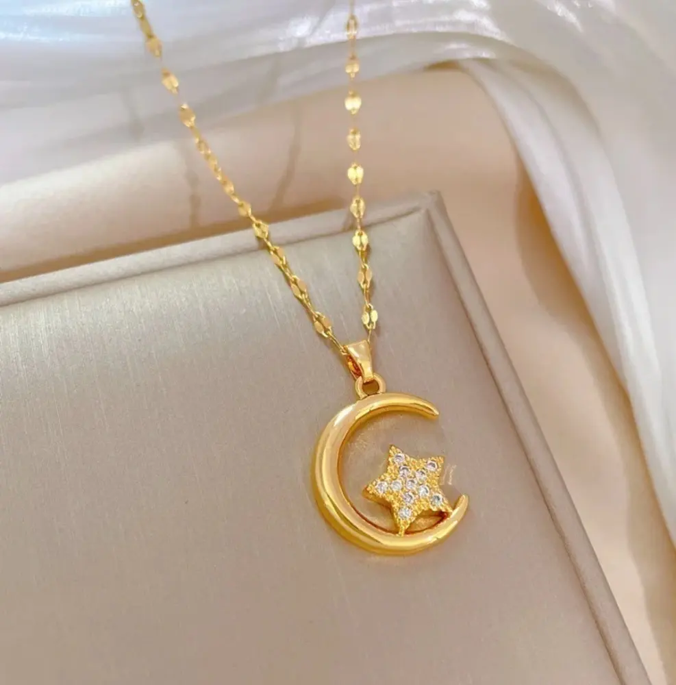 Thumbnail of ✨ Necklace Moon Star Surgical Stainless Steel CZ Diamond 【New】 Gold