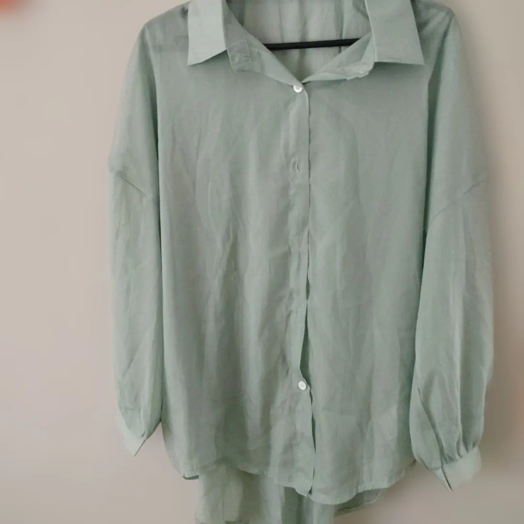 Thumbnail of Mint green long-sleeved shirt dress, sheer shirt, cardigan shirt, blouse