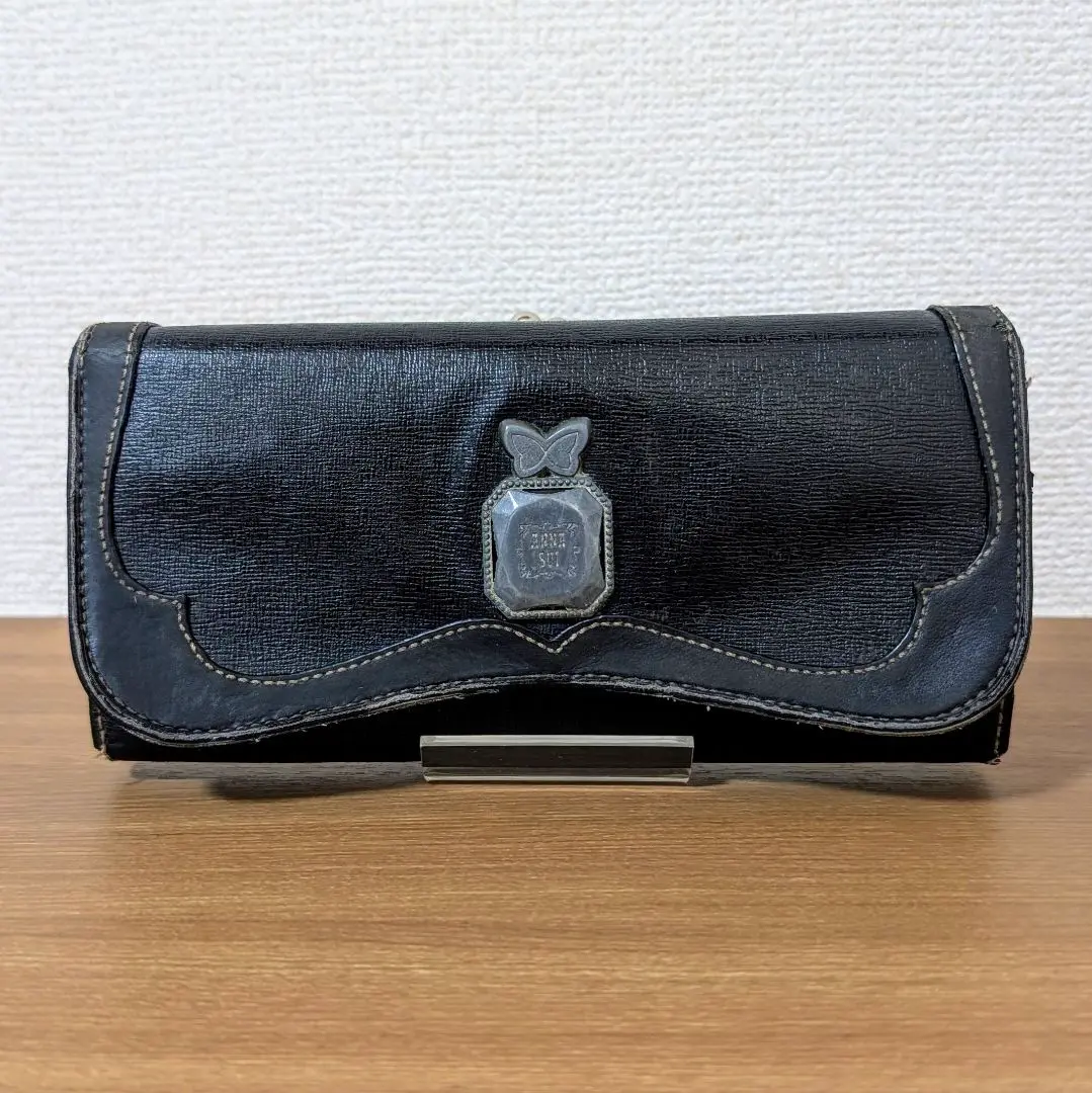 希少☆ アナスイ　ウォールデコ　長財布　ローズ　レザー ブラック　パープル ANNA SUI】アナスイ レザー 長財布 ウォールデコ 薔薇 紫 黒 大