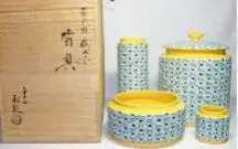 平安　松谷造　浅黄交趾　青海波　皆具　共箱　茶道具 平安 松谷造 浅黄交趾 青海波 皆具 共箱 茶道具 （茶道具 水指