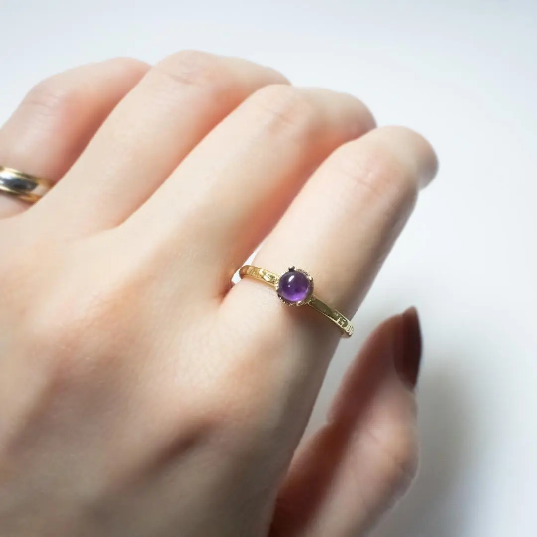 Thumbnail of Amethyst * Brass Hammered * Natural Stone Hammered Ring * Free Size * Ring Purple