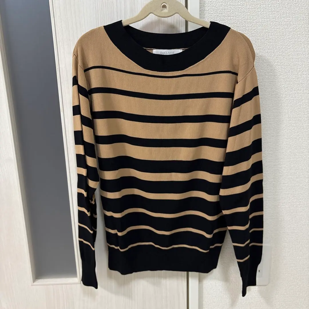 Thumbnail of Beige and Black Striped Long Sleeve Knit Sweater, Size S