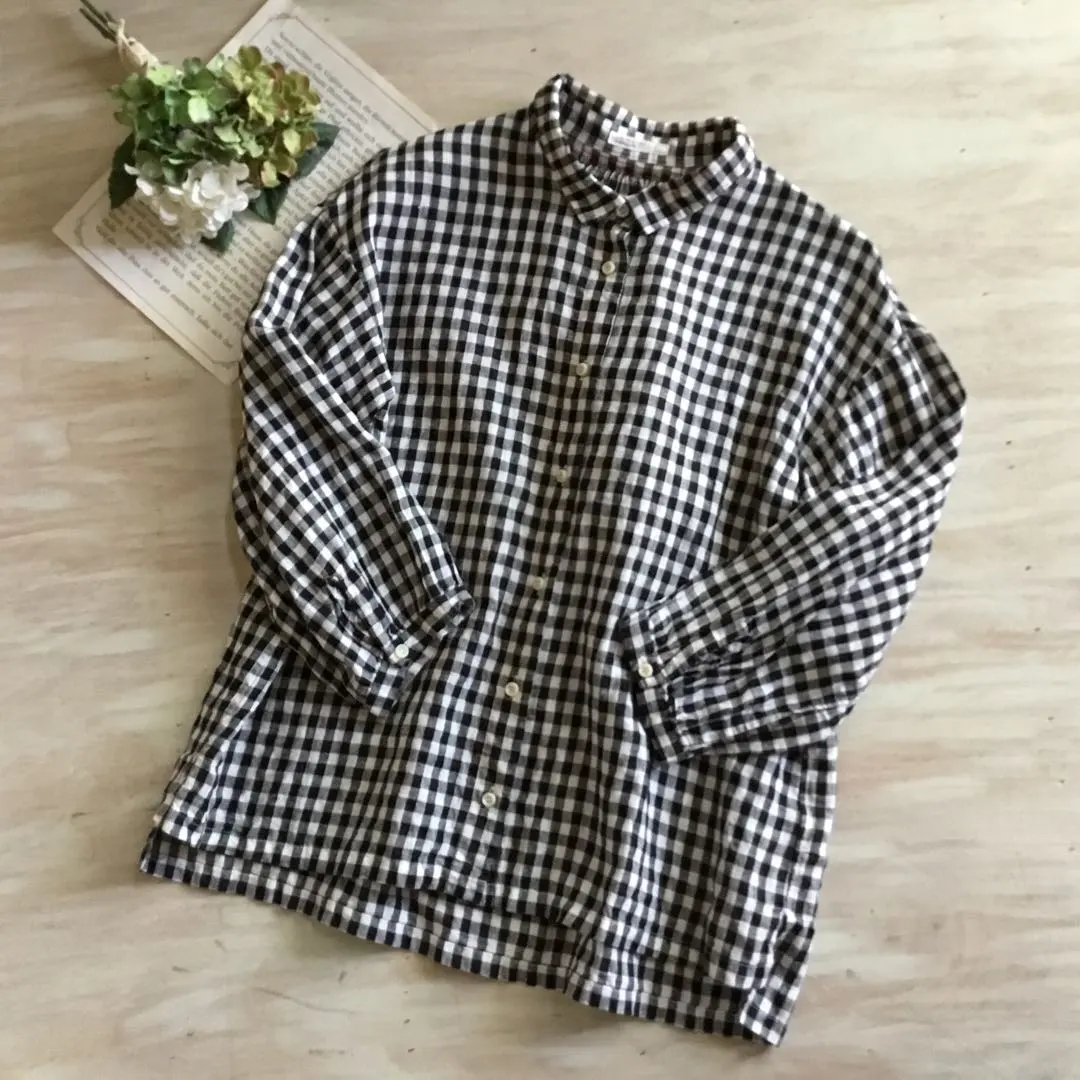 Thumbnail of Kitano, Kurashi no Dougu-ten Linen Shirt Gingham Check, 100% Linen, 7-8 length sleeves