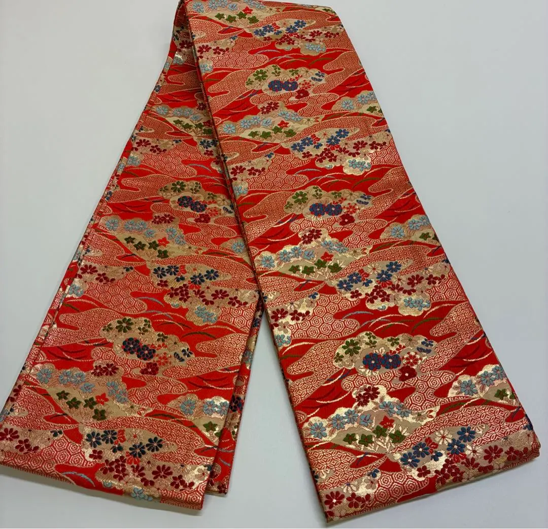 Thumbnail of Han-haba obi (half-width obi) with flowing water and floral pattern, for kimono