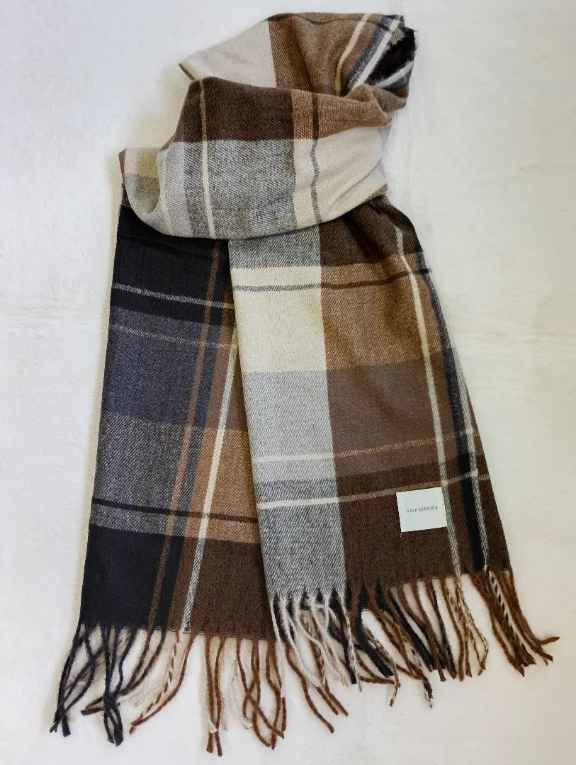 Thumbnail of Final price reduction☆ Brown check pattern fringe muffler