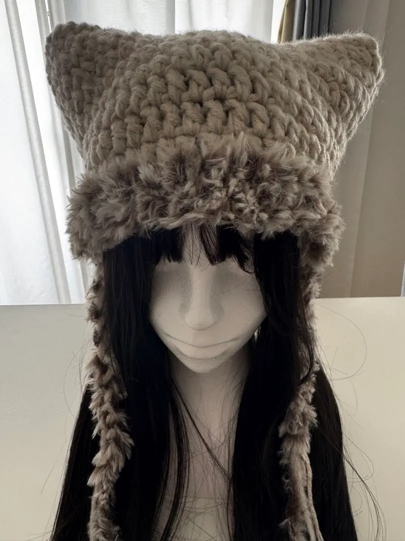 貓耳帽子 手工製作 米色×棕色 的縮圖
