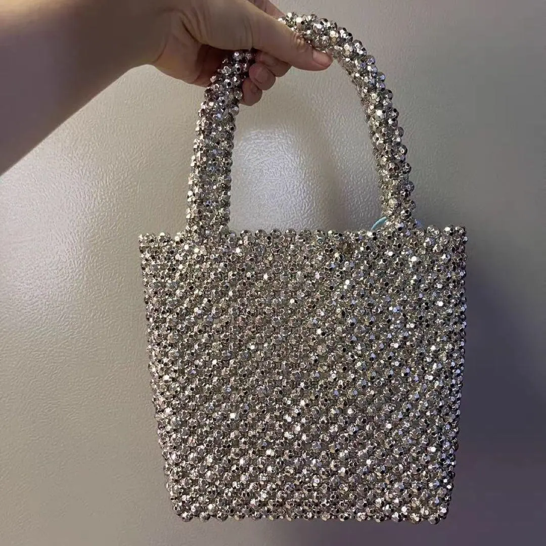 法式空心復古串珠銀珠桶包手提包 的縮圖