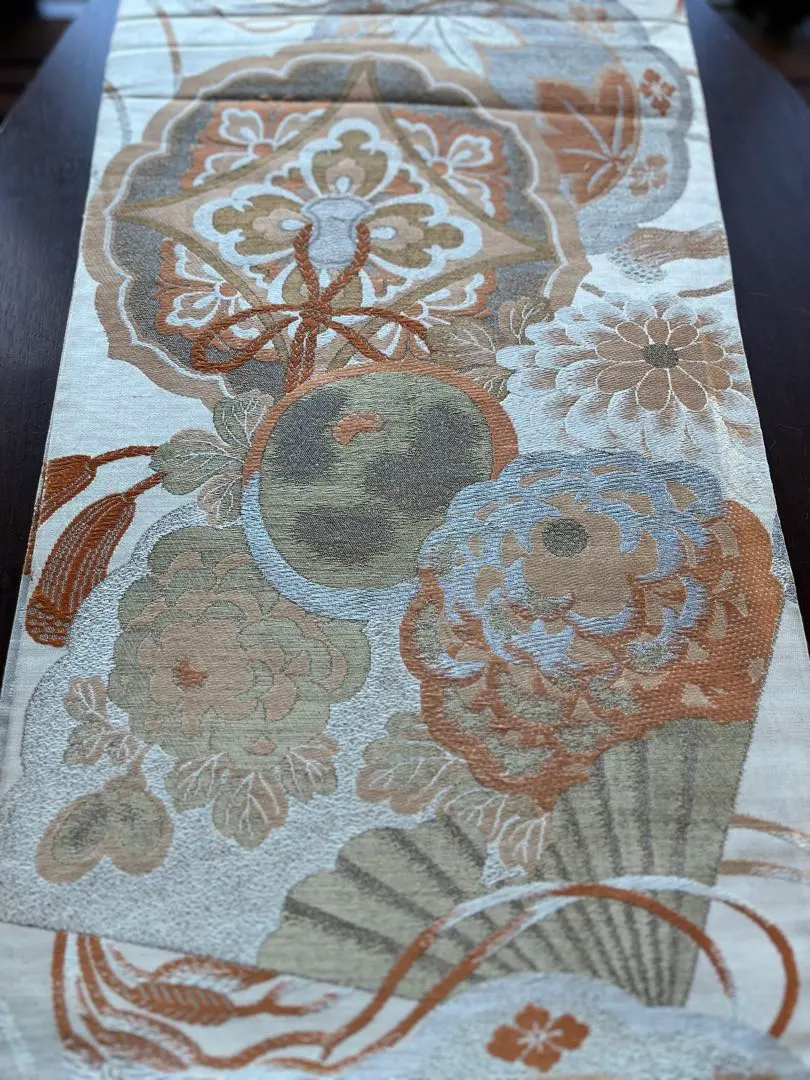 古董丸帶☆大正浪漫☆米色底色配柔和色調的扇子等古典花紋 的縮圖