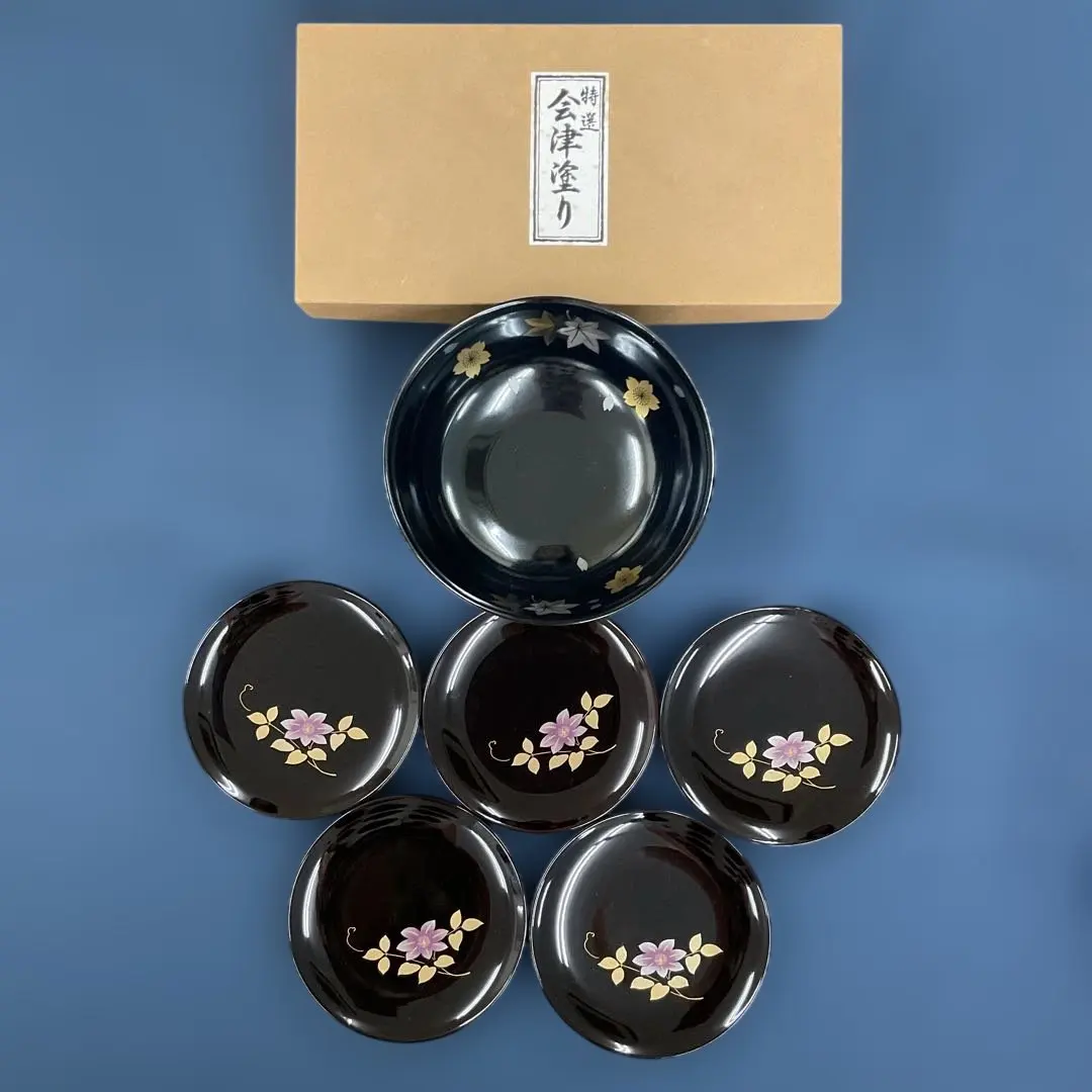 Thumbnail of Aizu-nuri Individual Plates, Tame (Dark Red) with Purple Clematis Design, Set of 5 (boxed) and 1 Donburi Bowl (15)