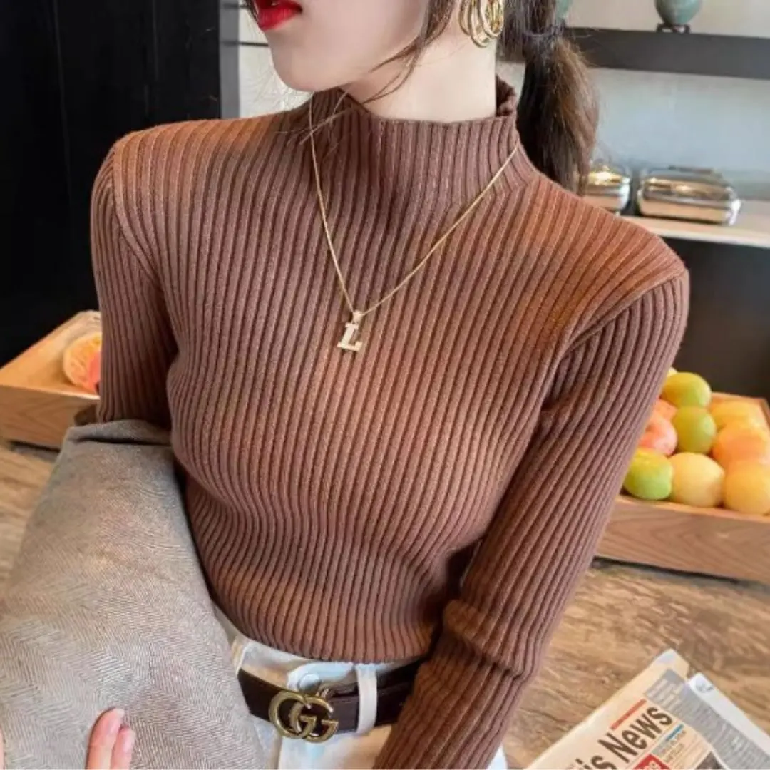 棕色 羅紋針織 高領毛衣 的縮圖