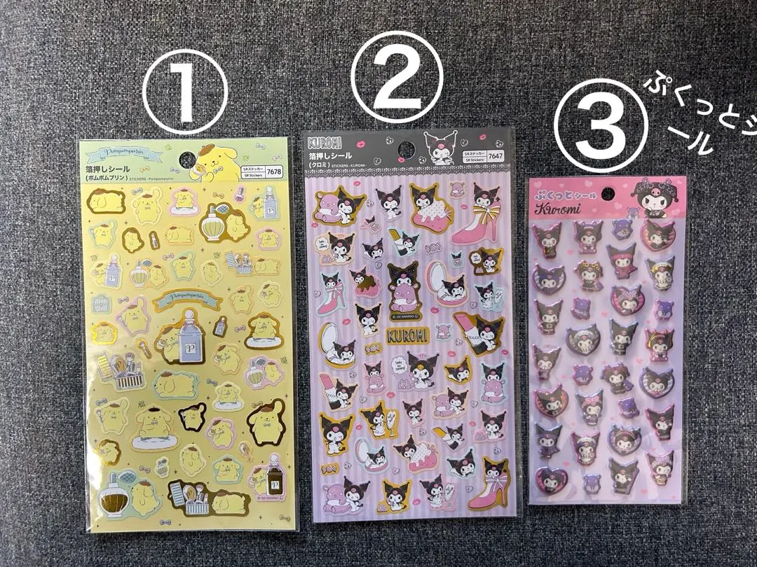 Thumbnail of Pom Pom Purin and Kuromi foil sticker and puffy sticker. Price is for one sticker.