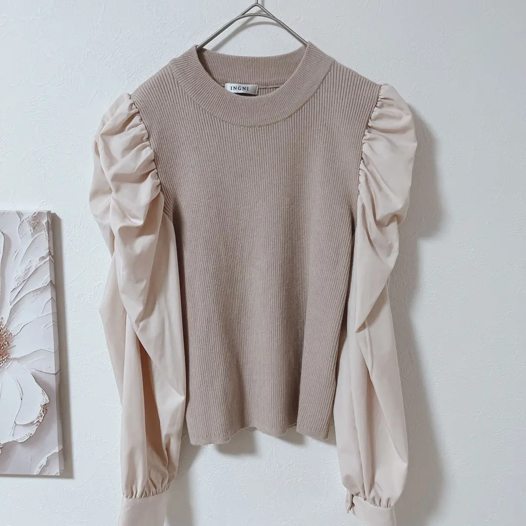 Thumbnail of INGNI Ribbed Frill Sleeve Long Sleeve Top Shirt Pink Beige M