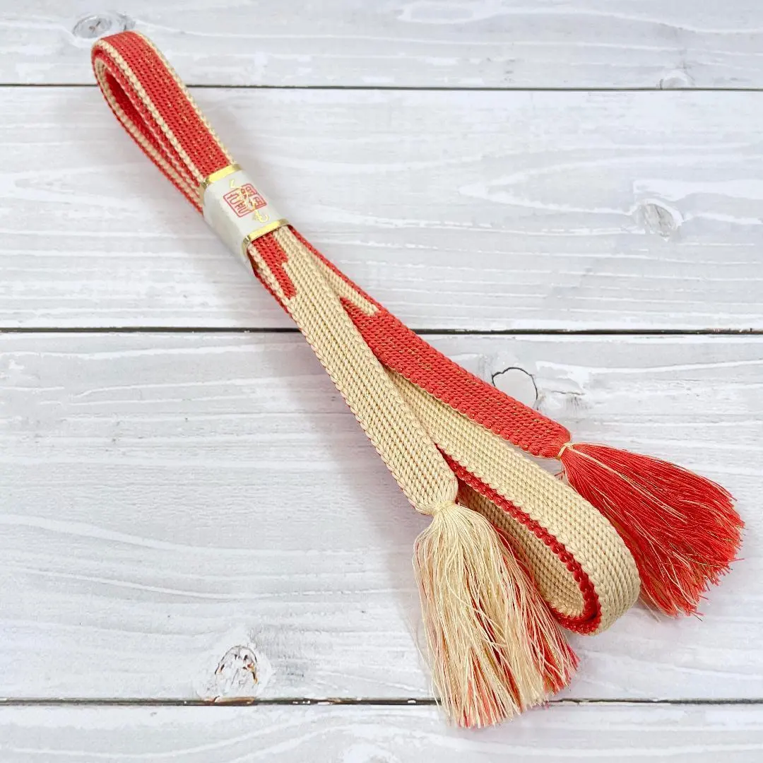 Thumbnail of Obijime Flat Braided Cord Pure Silk Gold Thread Pink Cream Color Kimono [Unused] 125