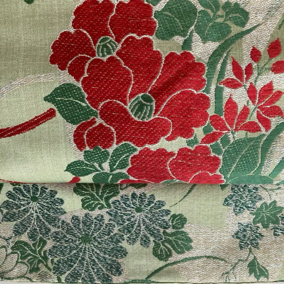 Thumbnail of Antique Nagoya obi, pale matcha color, woven floral pattern, silk, No. 3-24